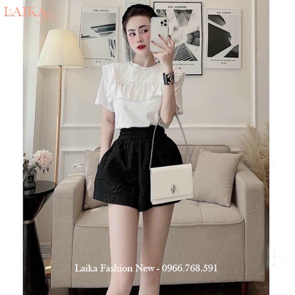 Quần đùi nữ mặc nhà lưng cao cạp chun thun co giãn vải xốp phồng dập nổi 3D hoa hồng dáng quần short nữ ống rộng ở nhà