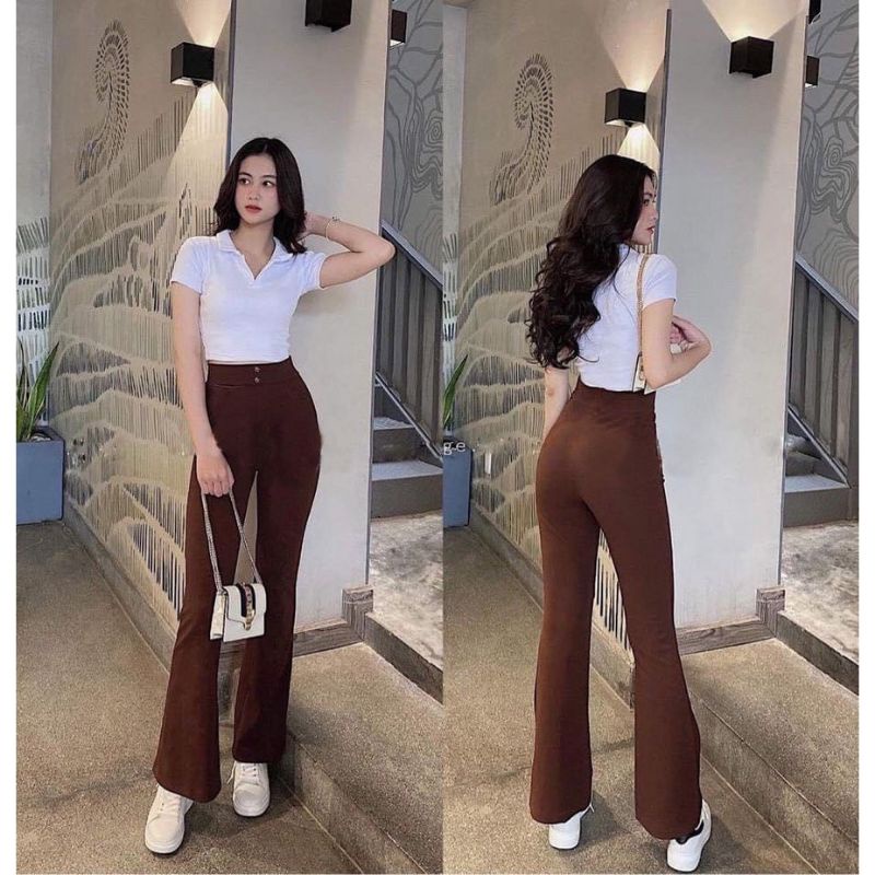 Quần ống loe lưng cao nữ công sở cao cấp vải màu đen