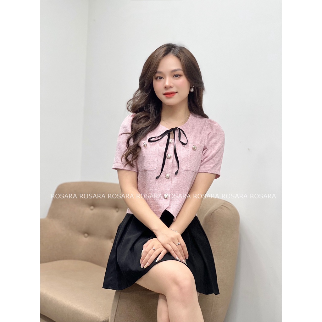 Áo Dạ Tweed Hồng Dáng Lửng Ngắn Tay Phối Nơ Cổ Rosara G107