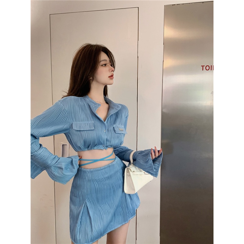 Set đồ nữ phong cách tiểu thư Hàn Quốc ngọt ngào áo croptop phối chân váy hàng Quảng Châu đầu xu hướng 2022