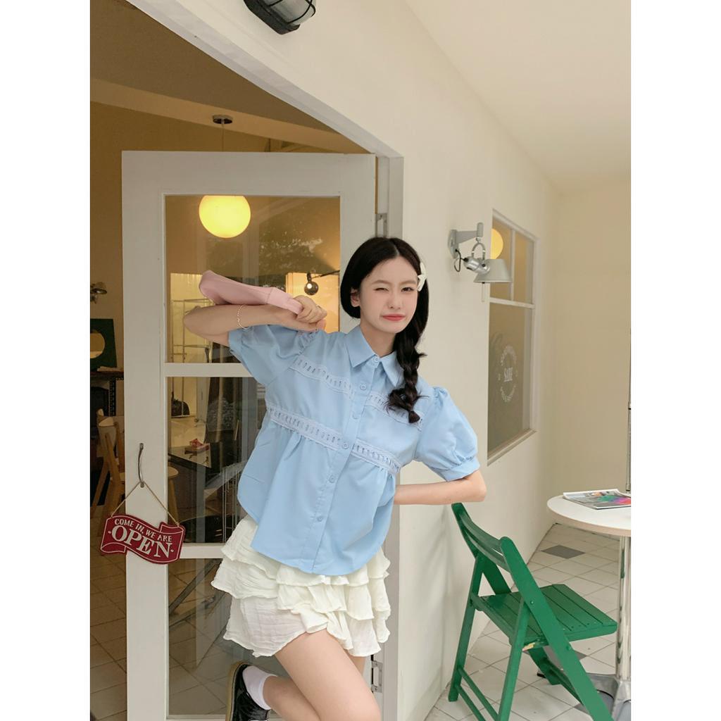 「 WELOVE1 」Áo Sơ Mi Cổ Polo Tay Lửng Màu Trơn Phong Cách Hàn Quốc Thời Trang Mùa Hè Mới Cho Nữ