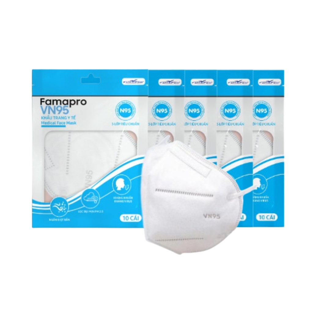[COMBO 50 cái] Khẩu trang VN95 Famapro 5 lớp kháng khuẩn túi 10 cái