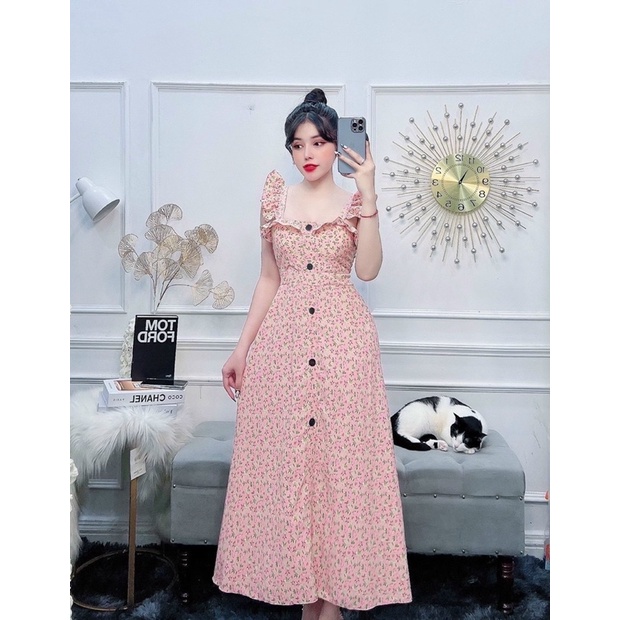 Đầm bông hai dây phối cúc dáng dài đầm maxi bông kèm mút sẵn Linh htt