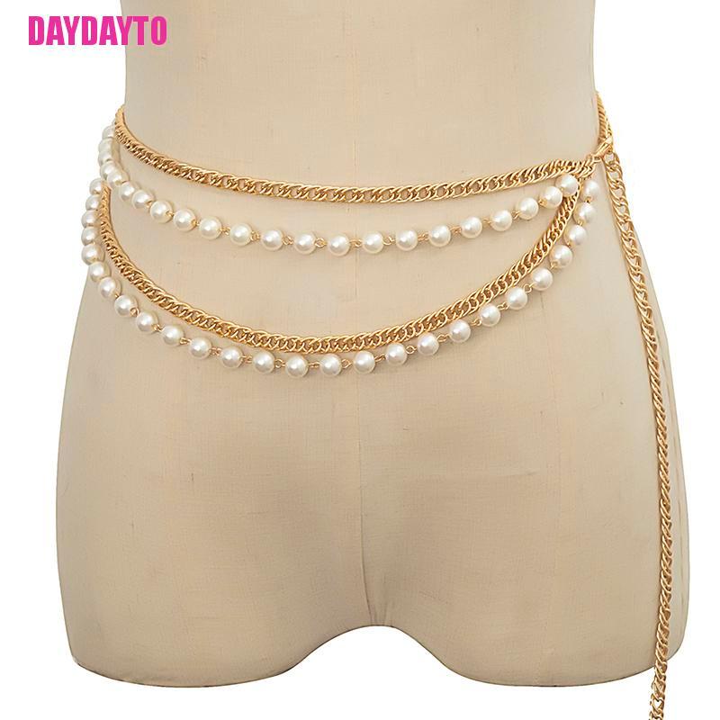 Thắt Lưng Dây Xích Tua Rua Nhiều Lớp Đính Ngọc Trai Cho Nữ