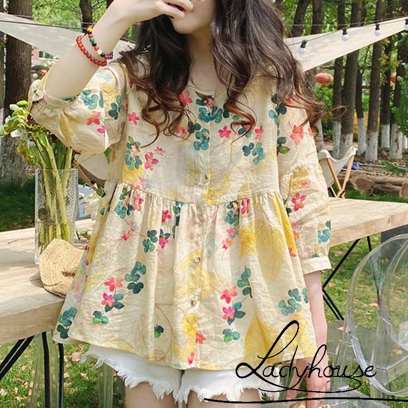 Áo Sơ Mi Cổ Tròn Tay 3/4 In Họa Tiết Hoa Lá Phong Cách Hàn Quốc Ngọt Ngào Dành Cho Nữ