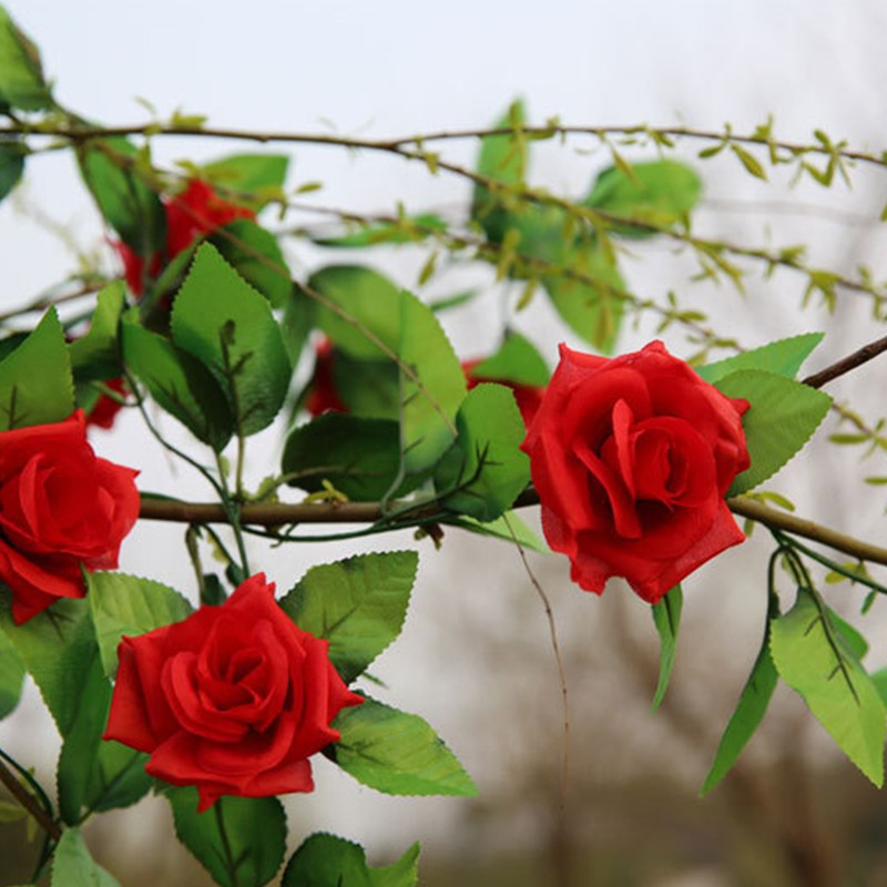 Artificial flower rattan Dây hoa hồng bằng vải lụa &amp; lá thường xuân giả 2.3M treo tường trang trí tiệc cưới