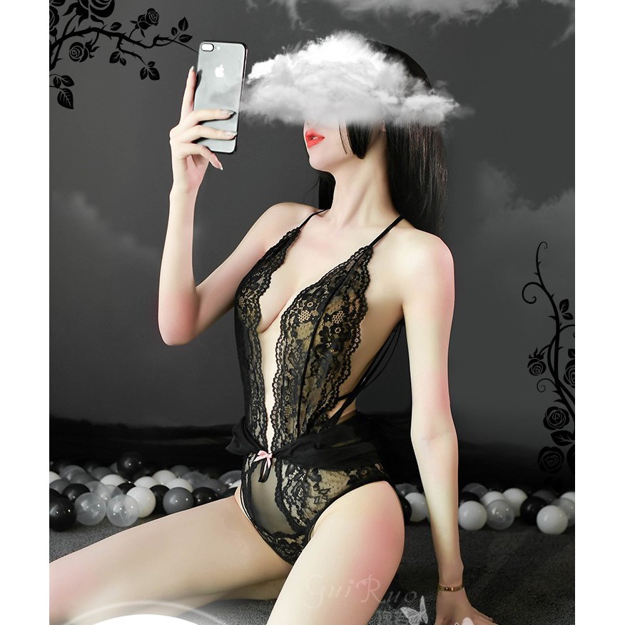 Bodysuit ren sexy xẻ ngực sâu liền khăn voan gợi cảm TK2407