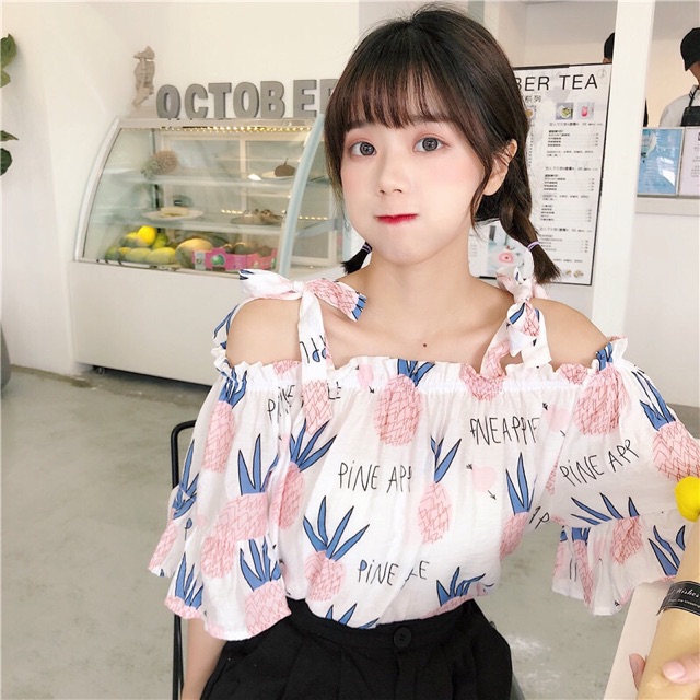 Áo kiểu voan chifon in dứa siêu xinh HÀNG Y HÌNH 100%