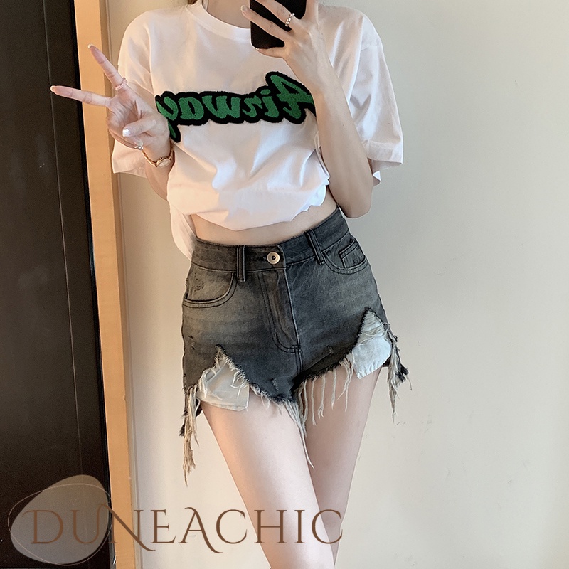 DUNEA Quần Jeans Lưng Cao Thiết Kế Xẻ Rách Cá Tính