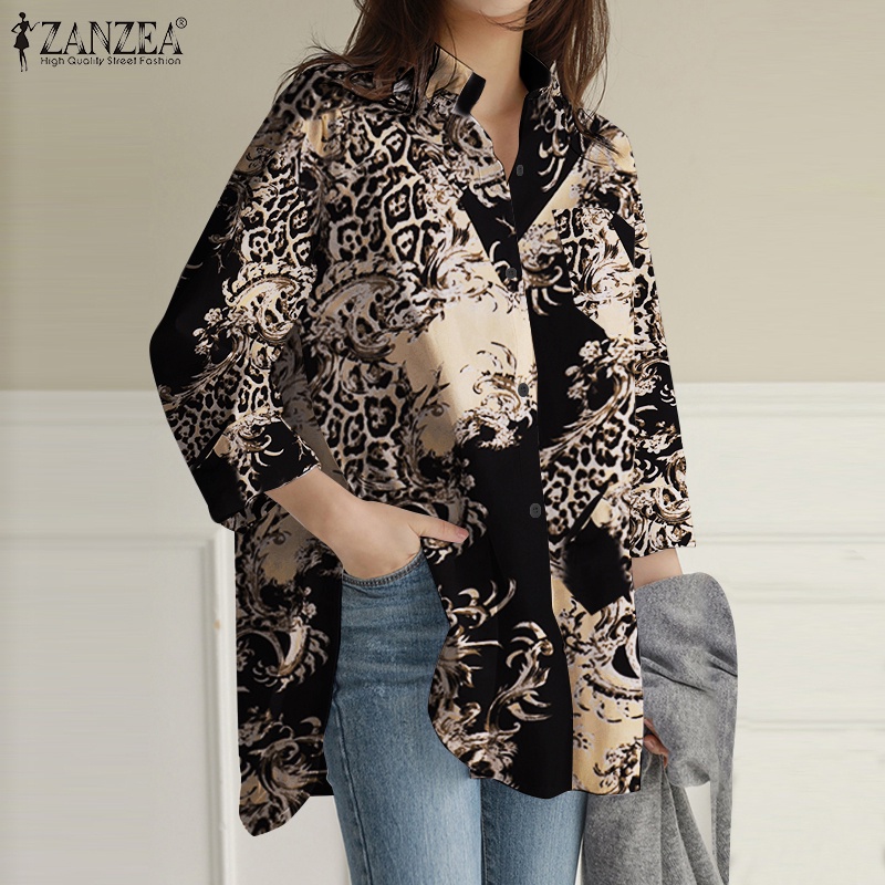Áo sơ mi ZANZEA tay dài họa tiết da báo thời trang dành cho nữ