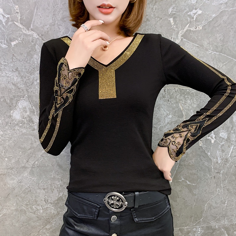 áo lưới dài tay Áo thun dài tay nữ Cổ Chữ V Đính Đá Thời Trang Mới