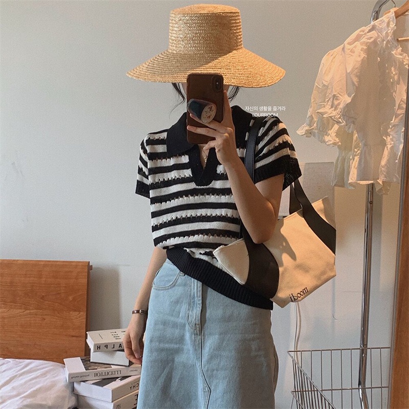 622060#Áo Thun Polo Dệt Kim Mỏng Tay Ngắn Cổ v Họa Tiết Kẻ Sọc Màu Sắc Tương Phản Thời Trang Mùa Hè Cho Nữ