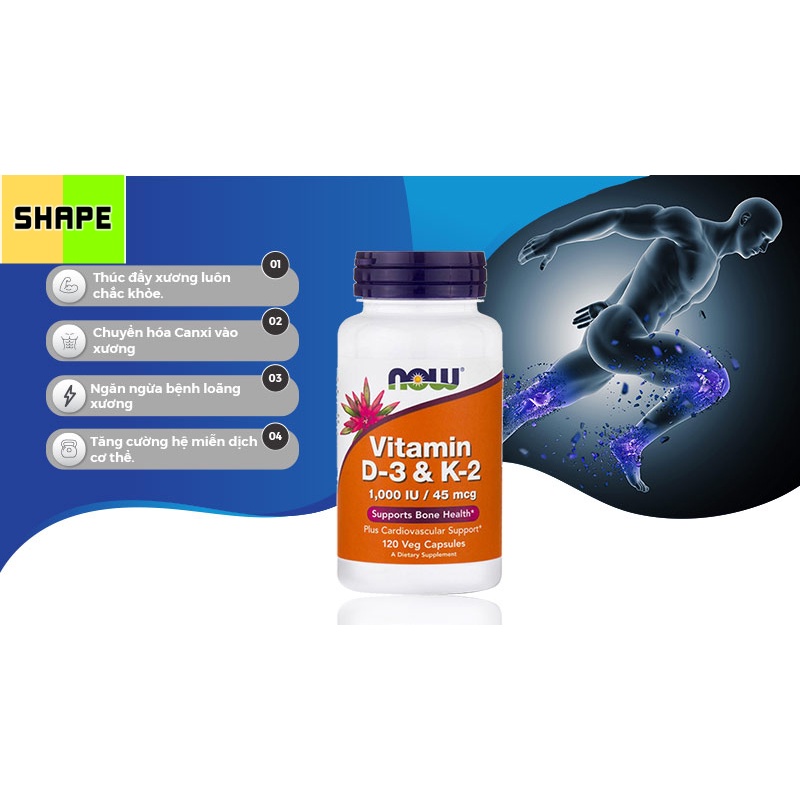 VITAMIN D3 K2 |  Now Vitamin D3 K2 1,000 IU 45 mcg  - Tăng Miễn Dịch - Chính Hãng The Shape