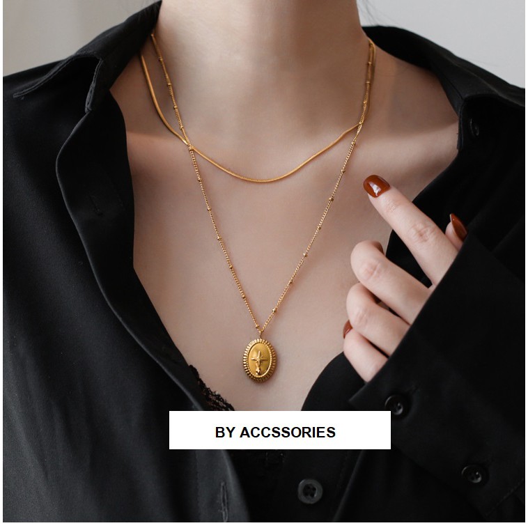 Dây chuyền titan 2 tầng mặt oval họa tiết ngôi sao không gỉ