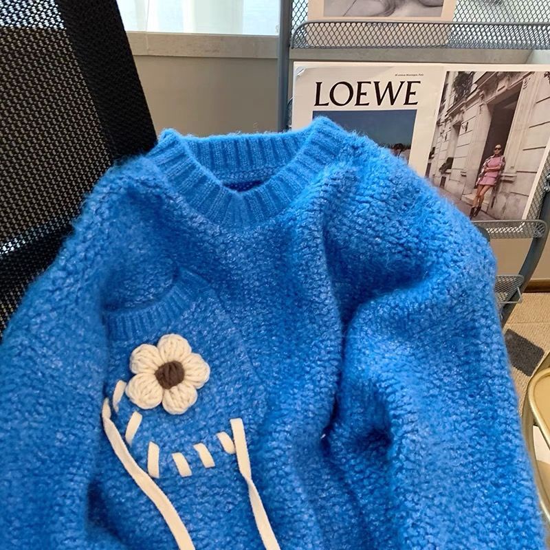 Áo Sweater Dệt Kim Phối Tua Rua Màu Xanh Dương Dễ Thương Xinh Xắn Cho Nữ