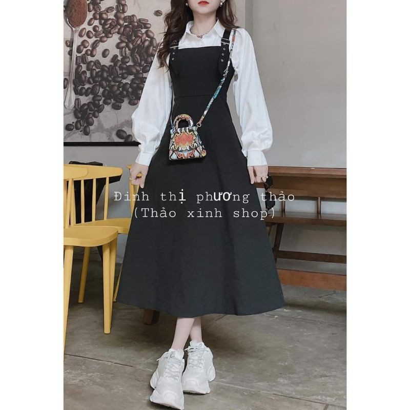 Set yếm đen phối khóa sắt kèm áo sơ mi trắng ullzang kèm ảnh thật