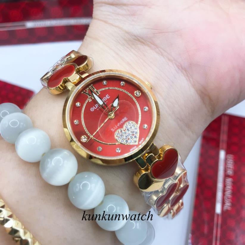 Đồng Hồ Nữ Sunrise 9010SA - Authentic - Kiểu Dáng Lắc Tay - Dây Vàng Mặt Đỏ