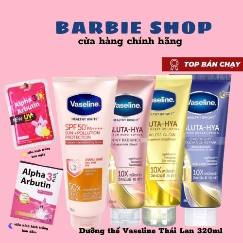 Viên Kích Trắng Alpha Arbutin 3plus + Dưỡng Thể Vaseline 50x + dưỡng thể vaseline 10X hồng vàng xanh dương