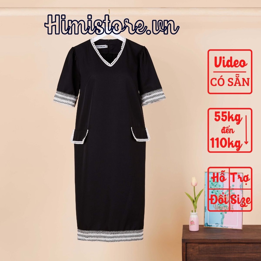Đầm Cho Người Béo Phối Ren Cổ Túi Và Vạt Màu Đen Thương Hiệu Himistore