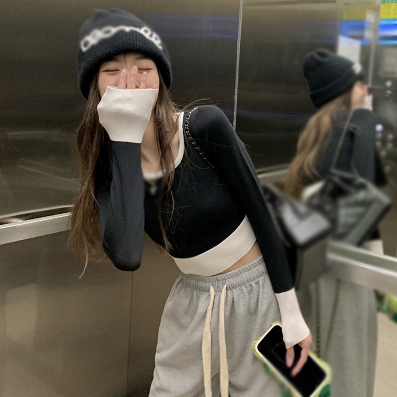 Áo Croptop Dệt Kim Tay Dài Cổ Thuyền Màu Sắc Quyến Rũ Thời Trang Cho Nữ