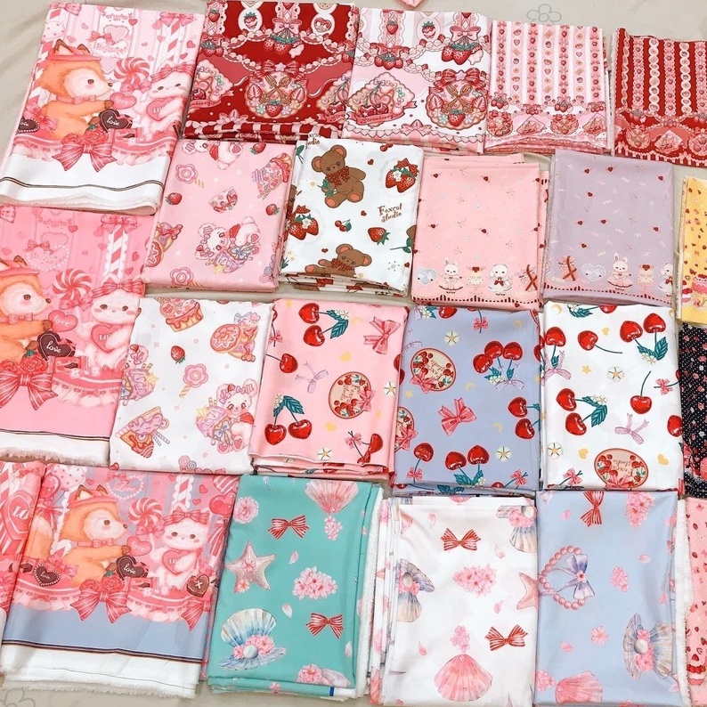 Vải print họa tiết cherry, gấu bông, dâu tây may váy lolita váy bèo công chúa ngọt ngào