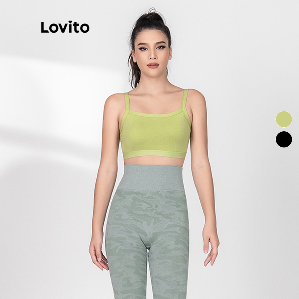 Áo ngực Lovito có đệm mút Yoga mềm mại, thoải mái với thiết kế lưng đẹp L0602 (đen / xanh lá)