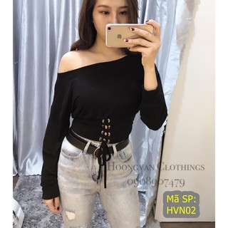 Áo Croptop Đen tay dài hở vai 1 bên HVN02
