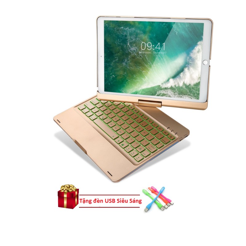 Bàn phím bluetooth kiêm ốp lưng F360 cho iPad Pro 10.5'' xoay 360 độ (Gold) tặng đèn USB siêu sáng