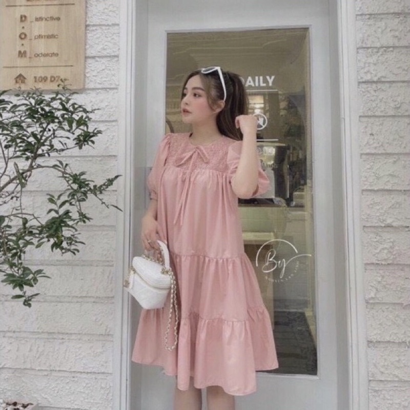 Váy hồng bèo tầng tay bồng babydoll dáng xoè nơ cổ chất thô lụa đầm bầu váy ngủ dáng rộng