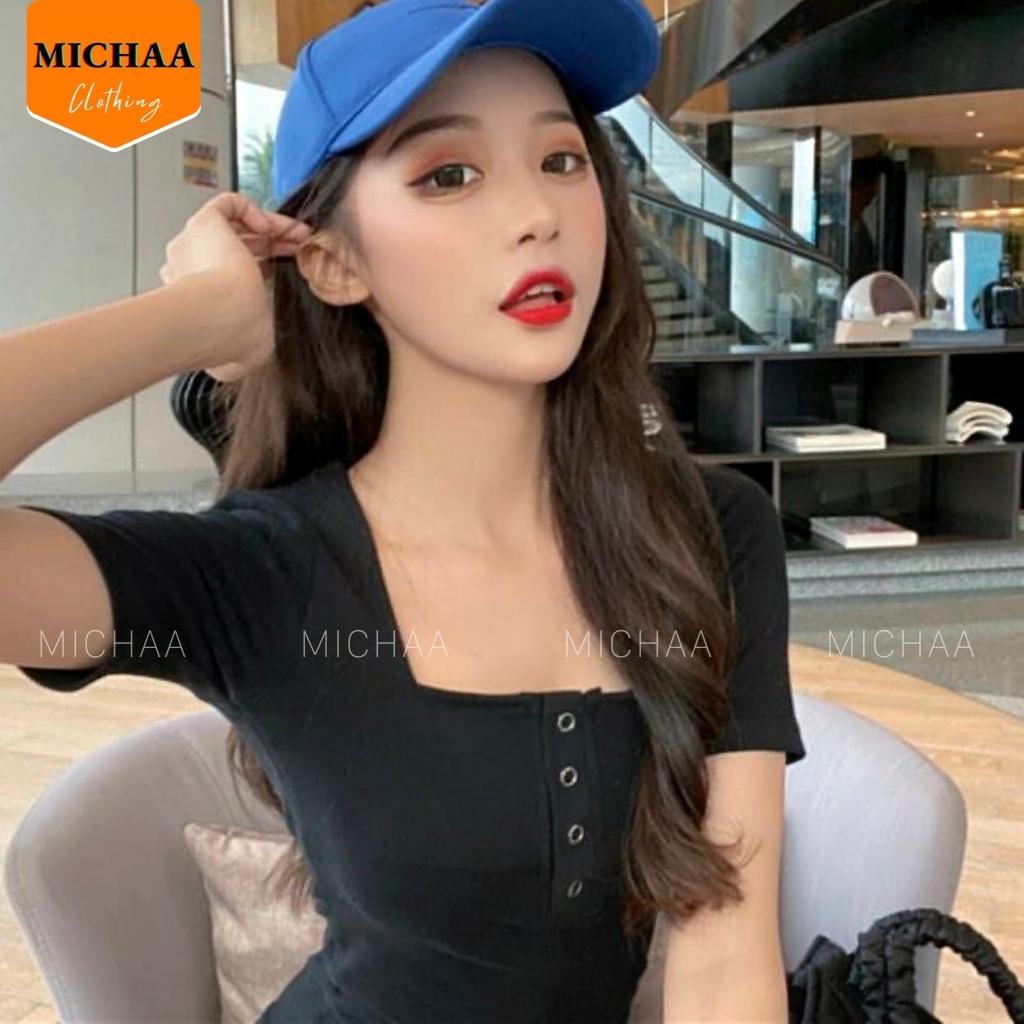 Đầm Váy Body CỔ VUÔNG CÚC BẤM Nữ Tay Ngắn Thun Gân Kiểu Ôm Sexy - MICHAA