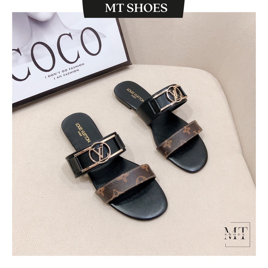 Dép nữ 2 quai ngang họa tiết LV phối khóa kim loại đế đúc xịn mặt lót da cao cấp chất da hạt chuẩn xịn cực dễ mang
