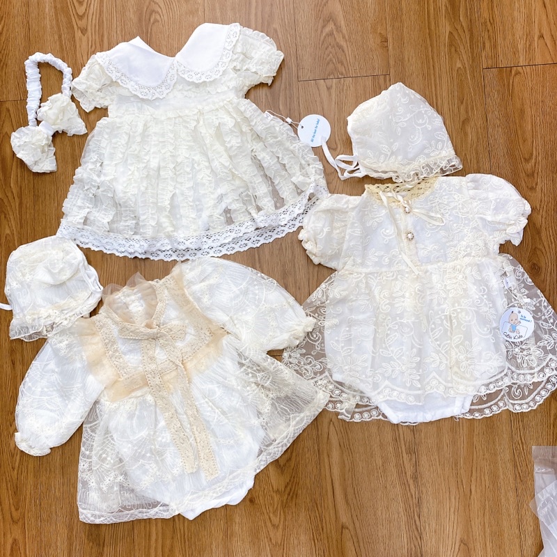Set đầm ren/ body hoa Bigbaby màu trắng và kem cho bé gái 3-18M