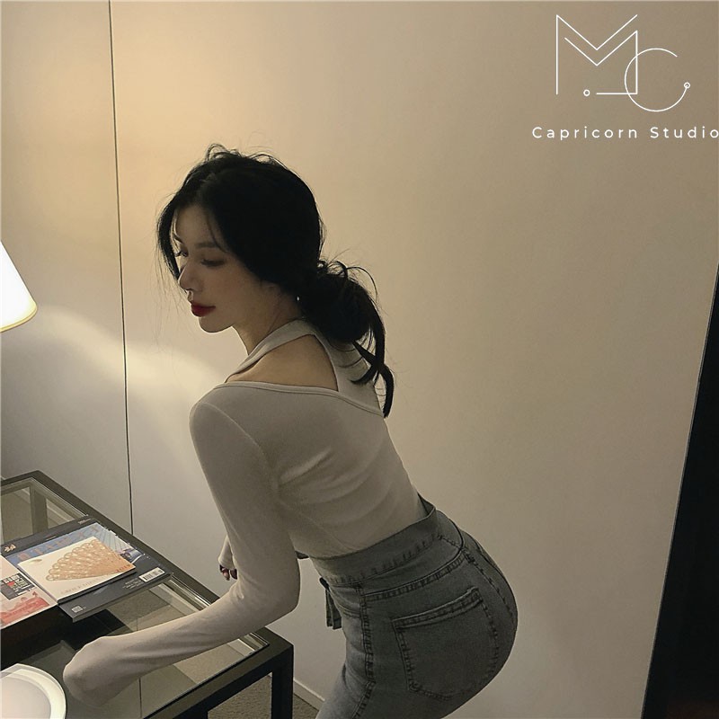 Áo thun dài tay thiết kế khoét vai sexy quyến rũ phong cách Ulzzang 2021