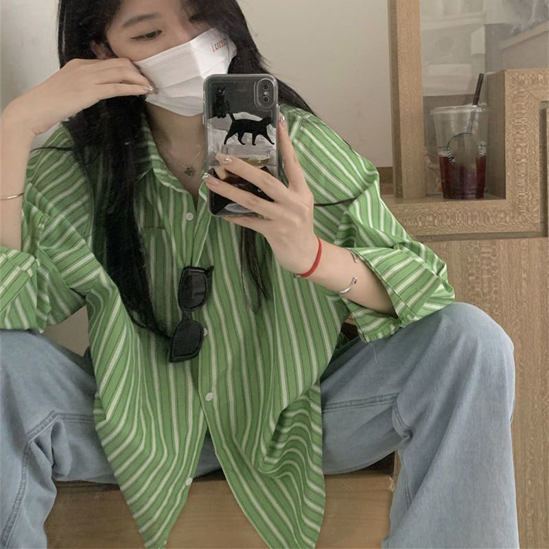 Áo Khoác Sơ Mi Cardigan Tay Dài Dáng Rộng Họa Tiết Kẻ Sọc Thiết Kế Mới Thời Trang Cho Nữ