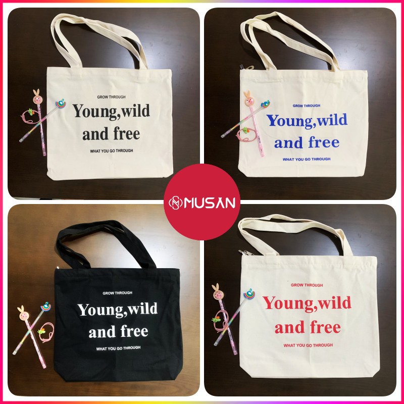 Túi vải canvas cao cấp Young Wild And Free khổ vuông phong cách Hàn Quốc