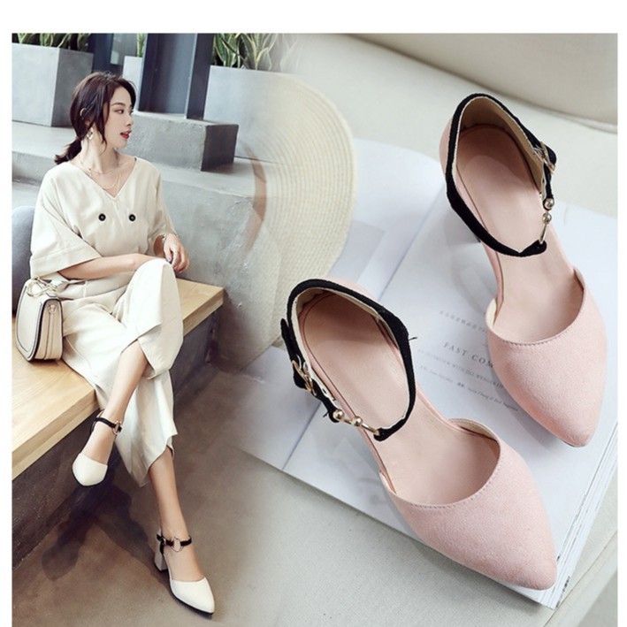 Giày cao gót nữ 5 phân mũi nhọn đế vuông bền đẹp HEAKOS