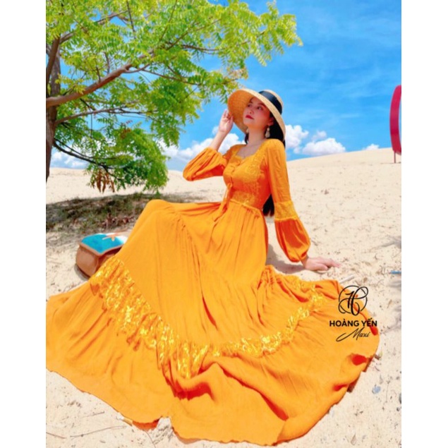 HOANGYEN - Đầm Skies Dress chất đũi tay dài vintage màu vàng