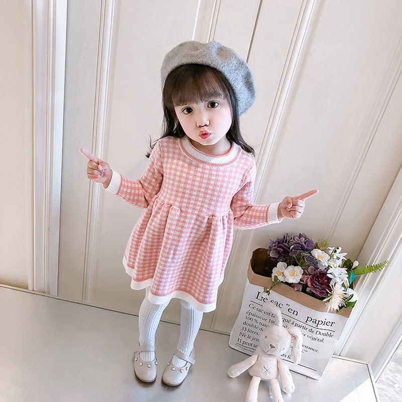 Đầm len họa tiết sọc caro phong cách Hàn Quốc dễ thương thời trang xuân thu cho bé gái