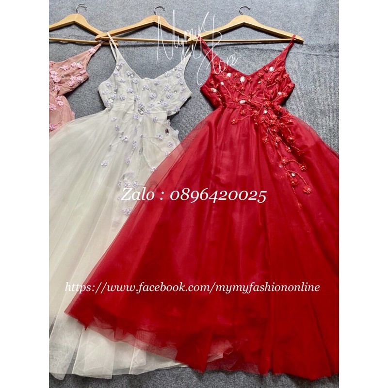 Đầm dự tiệc 2 dây kết cườm và hoa mai nổi TRIPBLE T DRESS - size M/L - MS301V