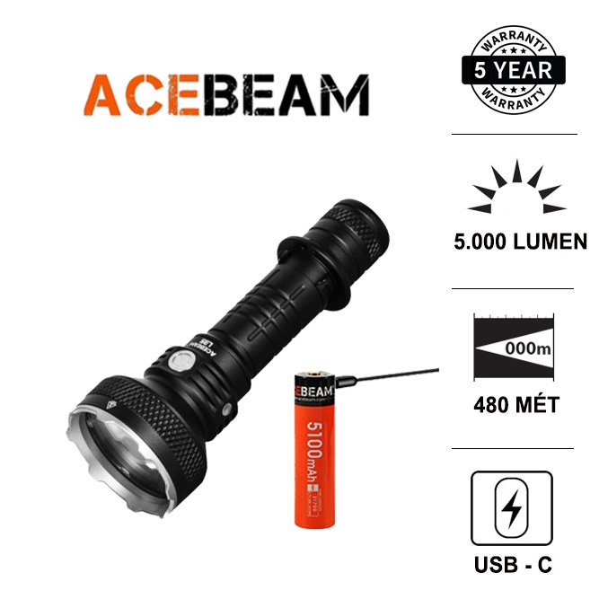 Đèn pin chuyên dụng ACEBEAM L35 LED CREE XHP70.2 sáng 5000lm xa 480m pin 21700 5100mAh USB (kèm pin) Đèn &amp; Đen pin