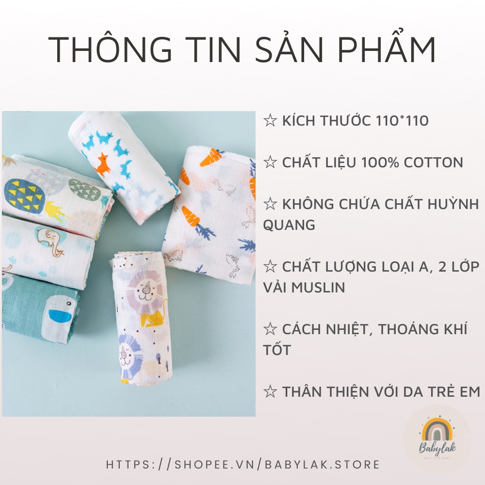 Khăn muslin 2 lớp đa năng cho bé - khổ 110x110 cm - Hàng cao cấp 100% cotton siêu mềm mại