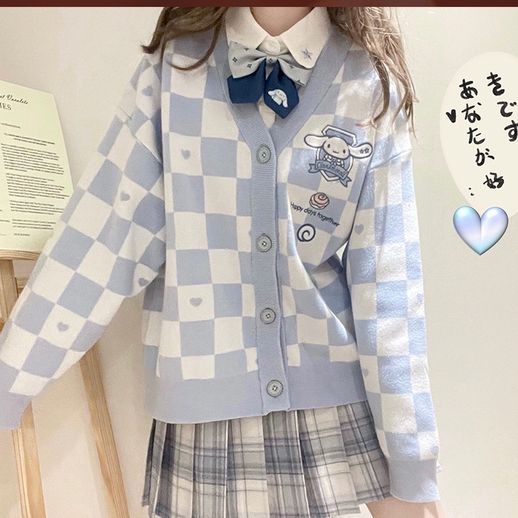 My Melody Kawaii Japanese Harajuku Cinnamon Dog Kuromi JK Loose Sweater Checkerboard Sweet Cute Cardigan