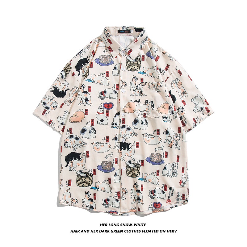 Áo Sơ Mi Tay Ngắn In Họa Tiết Hoạt Hình Mèo Và Chó Phong Cách Hàn Quốc Thời Trang Cho Nam