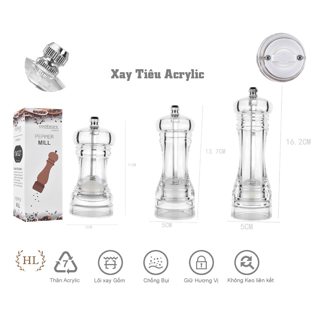 (HL)(MD) Lọ xay hạt - Chất liệu Acrylic cao cấp - Lõi xay gốm sứ | XAY TIÊU MICA ACRYLIC