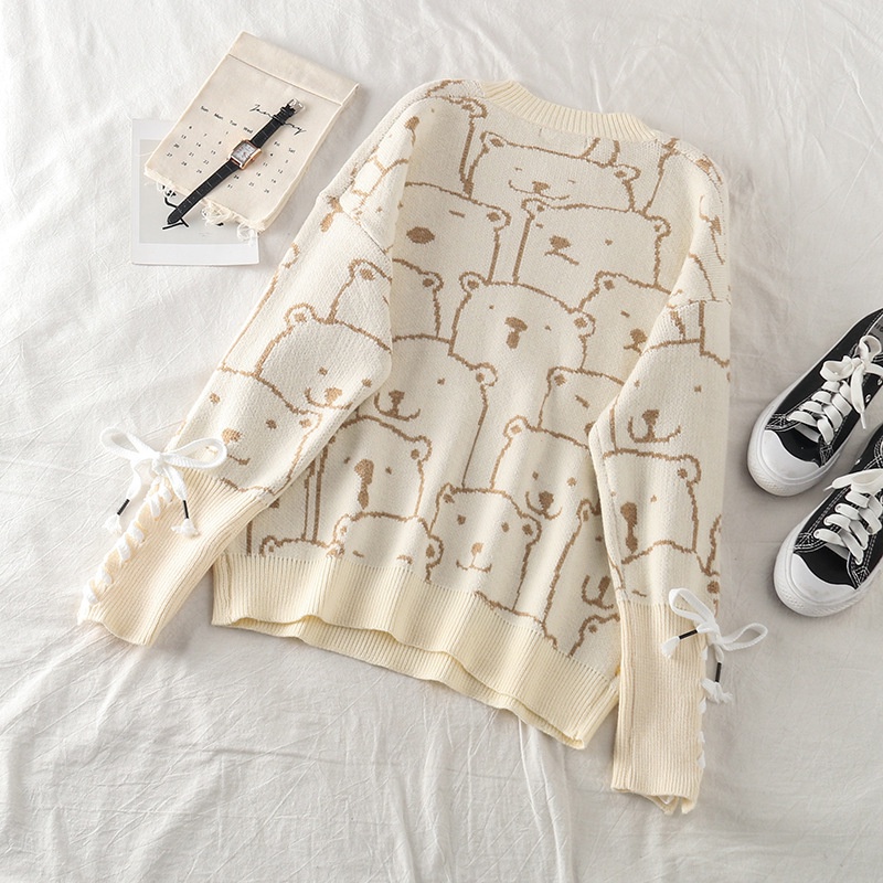 Áo sweater IELGY tay dài dáng rộng in hình gấu thời trang