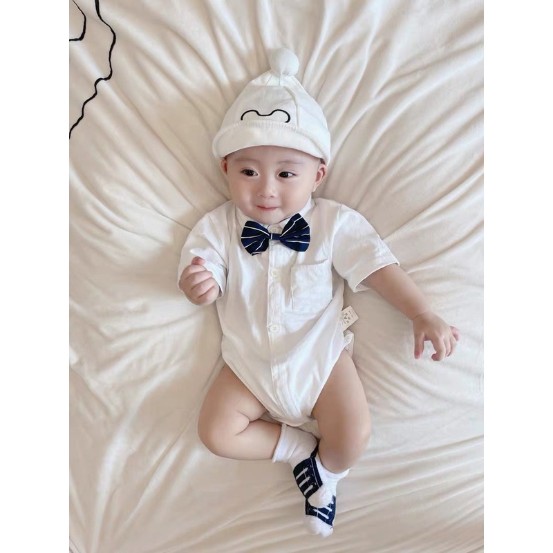 Sơ mi trắng cộc tay bé trai Twinne Kids mặc thôi nôi đầy tháng, sinh nhật chất liệu cotton dưới 3 tuổi