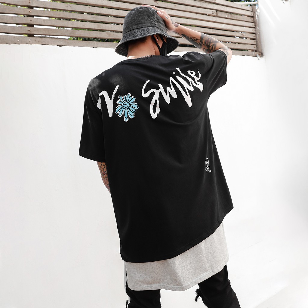 Áo Thun No Smile Màu Đen Chất Liệu Cotton Thoáng Mát Form Rộng Unisex Nam Nữ