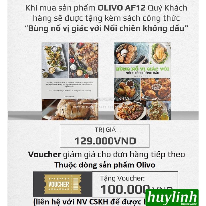 [Mã ELHAMS5 giảm 6% đơn 300K] Nồi chiên không dầu điện tử Olivo AF12 - 12 lít - Tặng voucher + Sách HD nấu ăn