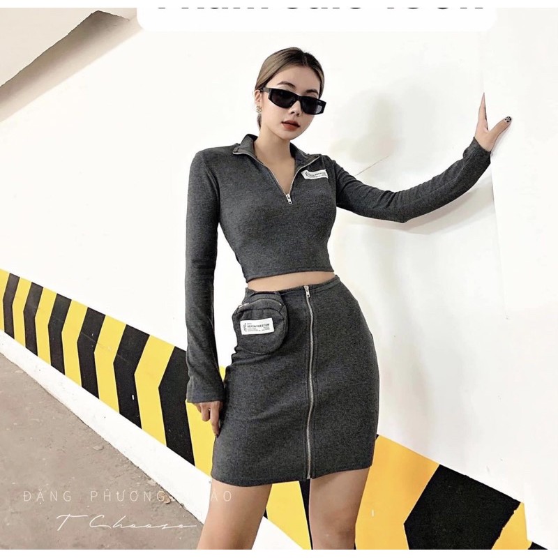 Set len gân gồm áo croptop dài tay và chân váy body phối túi hàng quảng châu siêu đẹp
