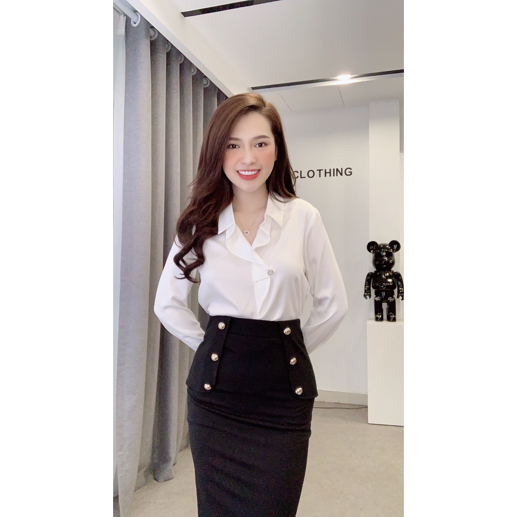 Áo sơ mi nữ form công sở dài tay thiết kế cổ V bèo xinh xắn Liin Clothing SM3886